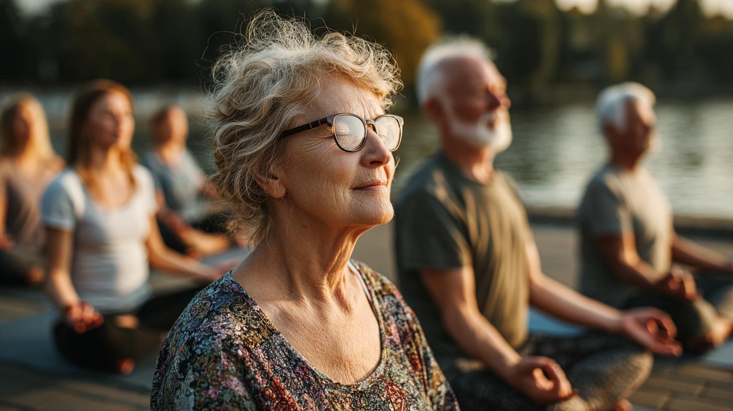 Група старших людей займається йогою на природі